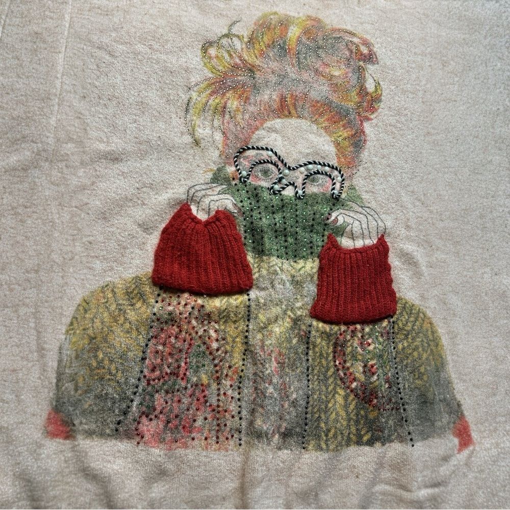 Whimsical Art Graphic Sweater Rhinestone Beaded 3D Mittens Scalloped Hem Large